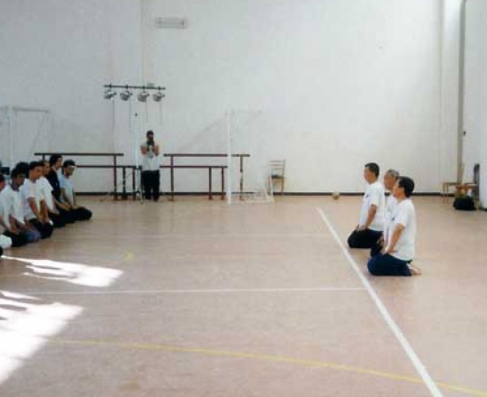 Il Maestro Yang Lin Sheng con i suoi Kung Fu fratelli, Yang Tong e Liang Rong, durante lo stage nazionale esitvo a Montegrimano - Anno 1999